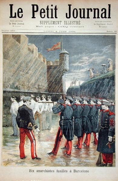 تم إعدام ستة فوضويين في برشلونة ، الغلاف الأمامي لـ Le Petit Journal ، 4 يونيو 1894 بواسطة المدرسة الفرنسية