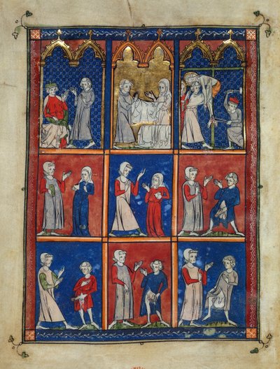 Sloane 1977، f.7v The Chirurgia: جوزيف الأريميثي يطلب جسد المسيح ويوسف وامرأة مع بياضات جنازة ، والترسب ، وأدناه ، امرأتان تقدمان ثديًا مريضًا لطبيب ، وأربعة رجال يعانون من أمراض تناسلية مختلفة. بواسطة المدرسة الفرنسية