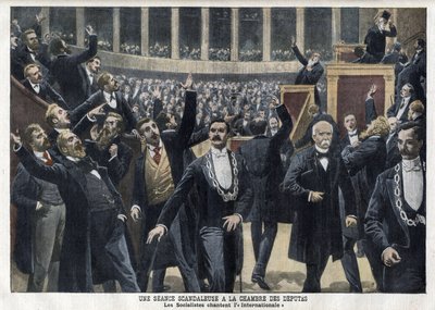 اشتراكيون يغنون The International في مجلس النواب بفرنسا في منتصف جلسة بحضور جورج كليمنصو (1841-1929) - "Le Petit Journal" ، مايو 1909 (نقش) بواسطة المدرسة الفرنسية