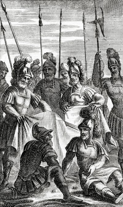 جنود يلقون الكثير من أجل تقسيم ملابس المسيح المسيح (نقش النحاس) بواسطة المدرسة الفرنسية