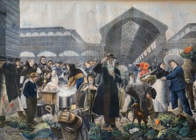 موقف حساء في سوق Les Halles في الصباح ، رسم توضيحي من Le petit Journal ، 2 مارس 1897 - la soup aux Halles le matin في باريس - نقش من قبل Fortune-Louis Meaulle على اسم Jean Jacques Rousseau (1861-1911) بواسطة المدرسة الفرنسية