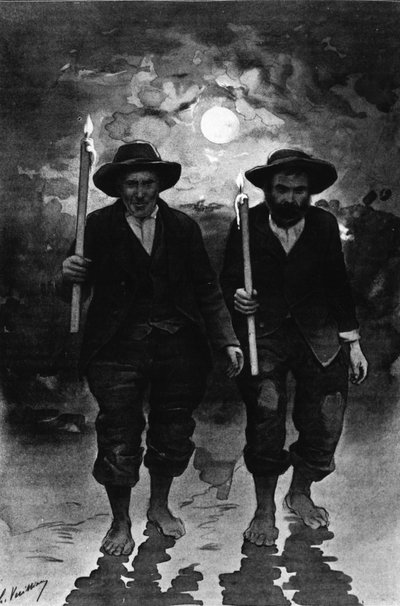 Source and sick: two men, one night full moon, each holding a candle and walking barefoot (procession?) - in “Journal des voyages” بواسطة المدرسة الفرنسية