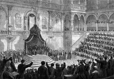 خطاب ملك إيطاليا فيكتور عمانويل الثاني (فيتوريو إيمانويل) (فيكتور إيمانويل) (1820-1878) في افتتاح جلسة الدول الإيطالية في برلمان تورين بواسطة المدرسة الفرنسية