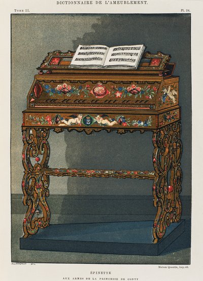 Spinet مع شعار النبالة لأميرة كونتي ، رسم توضيحي من قاموس الأثاث والديكور ، بقلم هنري هافارد ، المجلد الأول بواسطة المدرسة الفرنسية