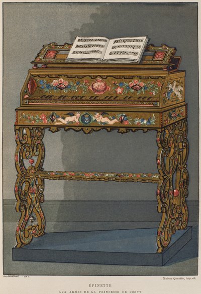 Spinet مع شعار النبالة لأميرة Conti ، توضيح من Dictionnaire de lameublement et de la decoration by Henry Havard ، المجلد 2 ، اللوحة 26 ، Paris ، Maison Quantin ، 1878 (لون ليثو بواسطة المدرسة الفرنسية