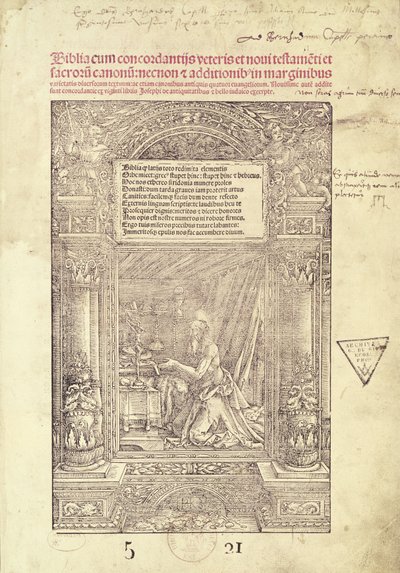 سانت جيروم في كتابه ستوديولو ، صفحة عنوان الكتاب المقدس ، طبعه ج. ماريون ، ليون ، 1521 بواسطة المدرسة الفرنسية