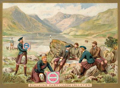 حفلة مطاردة ، بحيرة Loch Callater ، اسكتلندا (Chromolitho) بواسطة المدرسة الفرنسية