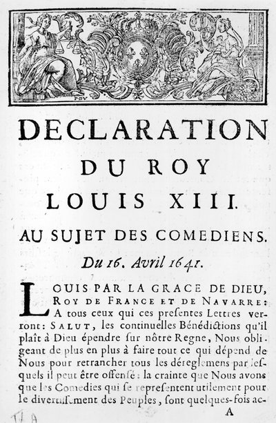 بيان لويس الثالث عشر (1601-43) عن الكوميديين ، 16 أبريل 1641 بواسطة المدرسة الفرنسية