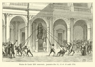 انقلب تمثال لويس الرابع عشر في 11 و 12 و 13 أغسطس 1792 بواسطة المدرسة الفرنسية