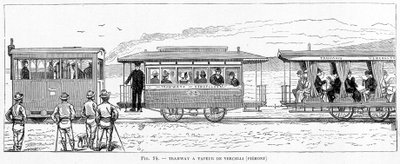 Steam tram of Vercelli (Piedmont) - in “” The new conquests of science”” by Louis Figuier بواسطة المدرسة الفرنسية