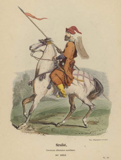 Stradiot, Cavalerie albanaise auxiliaire, XVIe Siecle (coloured engraving) بواسطة المدرسة الفرنسية