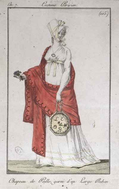 قبعة من القش بشريط ، لوحة أزياء من Costumes Parisiens ، 1799 بواسطة المدرسة الفرنسية