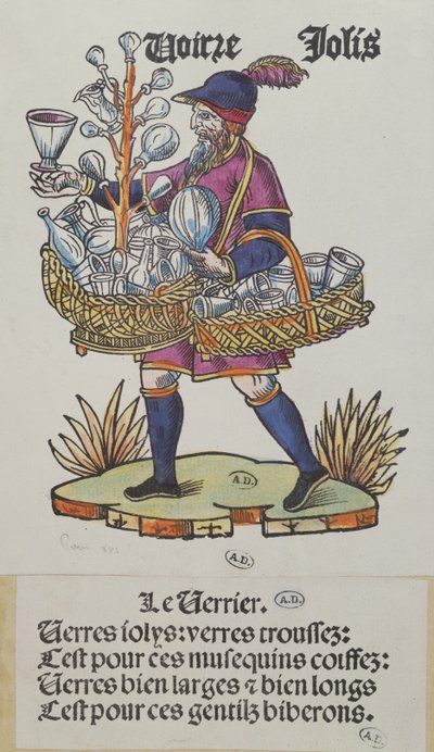 الباعة المتجولين يبيع الأواني الزجاجية ، من Cris de Paris ، c.1515 (نقش الخشب الملون) بواسطة المدرسة الفرنسية