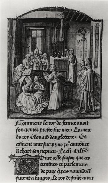 T.2 صفحة 111 موت إدوارد الثالث ، ملك إنجلترا في قلعة Shene Castle ، من Froissart's Chronicle ، أواخر القرن الخامس عشر (رق) (b / w photo) بواسطة المدرسة الفرنسية