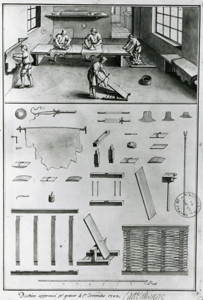 المدابغ ، من أوصاف الفنون والحرف اليدوية دينيس ديدرو (1713-1784) ، تم نشرها عام 1770 (الصورة بالأبيض والأسود) بواسطة المدرسة الفرنسية