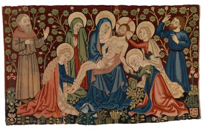 نسيج مضاد للرثاء على المسيح الميت quot;بيتاquot;، من ستراسبورغ، حوالي 1450-60 (الصوف والحرير وربما الكتان) بواسطة المدرسة الفرنسية