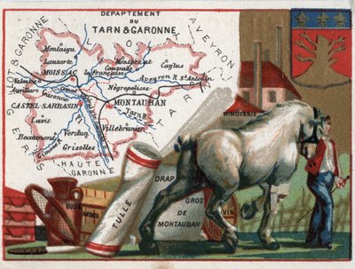 Tarn et Garonne (Tarn-et-Garonne ، 82) ، ميدي بيرينيه (ميدي بيرينيه) ، فرنسا. التخصص المحلي: زيت - نشا - تول - بالجملة - مطحنة نبيذ ودقيق. سلسلة عن الأقسام الفرنسية. الطباعة الحجرية الملونة (Chromo) "" الخيط الجغرافي "" cir بواسطة المدرسة الفرنسية