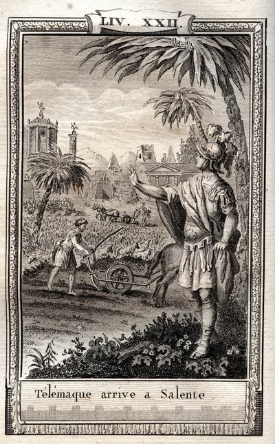 يعود Teemaque إلى Salente (Salento) - نقش عام 1798 بواسطة Monnet في "Les Aventures de Telemaque، fils d'Ulysse" (مغامرات Telemachus) بقلم Francois de Salignac de La Mothe-Fenelon dit Fenelon - بواسطة المدرسة الفرنسية