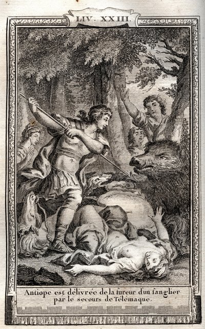 Telemaque delivre Antiope لخنزير بري - نقش عام 1798 بواسطة Monnet في "Les Aventures de Telemaque، fils d'Ulysse" (مغامرات Telemachus) بقلم Francois de Salignac de La Mothe-Fenelon dit Fenelon - بواسطة المدرسة الفرنسية
