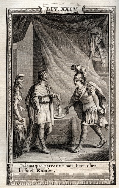عثر Telemaque على Ulisse - نقش من عام 1798 بواسطة Monnet في "Les Aventures de Telemaque، fils d