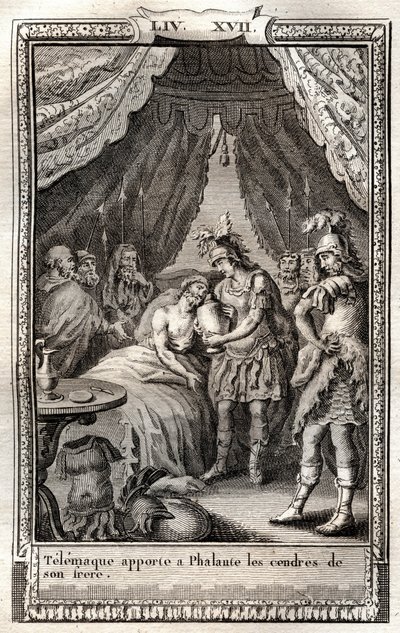 يعتني Telemaque بجروح Phalante ويجلب له رماد شقيقه - نقش عام 1798 بعد Monnet في "Les Aventures de Telemaque، fils d'Ulysse" (مغامرات Telemachus) بقلم Francois de Salignac de La Mothe-Fenelon dit Fenelon - بواسطة المدرسة الفرنسية
