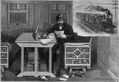 الاتصالات الهاتفية للقطارات الجارية ، نظام توماس إديسون (1847-1931): موظف مجهز بجهاز هاتفي يتلقى قطعة داخل سيارة متحركة. نقش في "" La Nature. Revue des sciences et de ses applications aux Arts et a l'indus بواسطة المدرسة الفرنسية