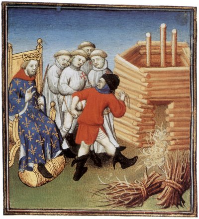 سيتم إعدام فرسان الهيكل تحت أنظار الملك الفرنسي فيليب الرابع لو بيل عام 1310 ، الإضاءة بواسطة المدرسة الفرنسية