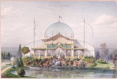 خيمة وبيت زجاج كبير في حديقة المعرض العالمي في باريس عام 1867 (ألوان مائية على ورق) بواسطة المدرسة الفرنسية