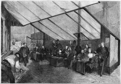 صالون 1872: جلسة لجنة تحكيم اللوحات. من اليمين إلى اليسار يوجد ميسونيير ، دكتوراه روسو ، بريتون ، ج. بولانجر ، روبرت فلوري (روبرت فلوري) ، فرومنتين ، جالابير ، مازيرولس ، بريون ، بونات ، بودري ، دوبوفي ، ديلاوني ، كابات. نقش في "" Le بواسطة المدرسة الفرنسية