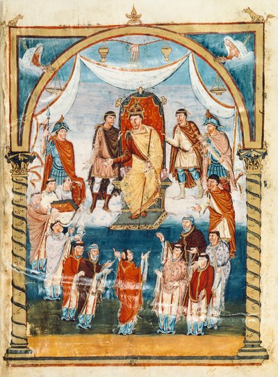 The Abbot Vivian surrounded by monks of St Martin of Tours presenting the book to Charles II the Bald, 9th century (miniature) بواسطة المدرسة الفرنسية