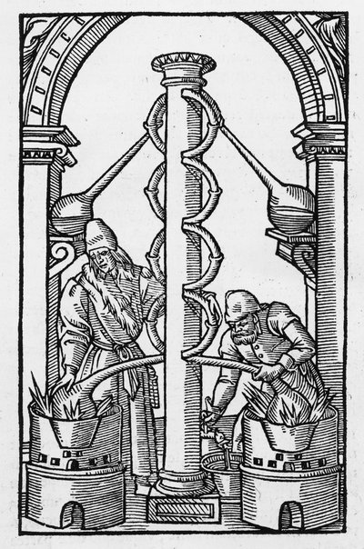 الكيميائي في العمل ، نسخة من رسم توضيحي من "Coelum Philosophorum" بواسطة فيليبس أولستاديوس ، باريس 1544 ، تم استخدامه في "تاريخ السحر" ، تم نشره في أواخر القرن التاسع عشر بواسطة المدرسة الفرنسية