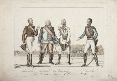 ملوك الحلفاء في باريس ، 1815 ، ألكسندر الأول ، إمبراطور روسيا ، لويس الثامن عشر ، ملك فرنسا ، فرانسيس الأول ، إمبراطور النمسا وفريدريك ويليام الثالث ، ملك بروسيا ، نشره مارتينيت ، 1815 بواسطة المدرسة الفرنسية
