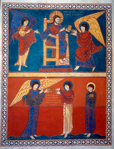 تسلم الملاك كتاب الرب وسلمه إلى القديس يوحنا المصغر من شروح "الرؤيا حسب القديس يوحنا" التي كتبها الراهب بيتوس ليبانا عام 775. بواسطة المدرسة الفرنسية