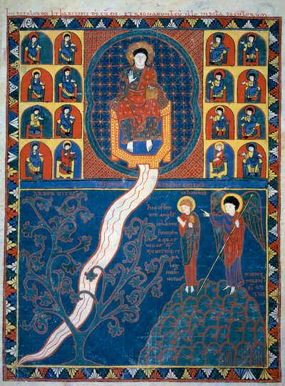يُظهر الملاك للقديس يوحنا نهر الحياة الذي يبدأ من عرش الله وشجرة الحياة المصغرة المأخوذة من شروح "الرؤيا بحسب القديس يوحنا" التي كتبها الراهب بياتوس ليبانا عام 775 بواسطة المدرسة الفرنسية