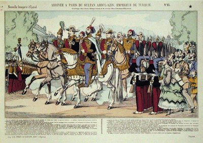 وصول السلطان عبد العزيز (1830-1876) إلى باريس عام 1867 (نقش ملون) بواسطة المدرسة الفرنسية