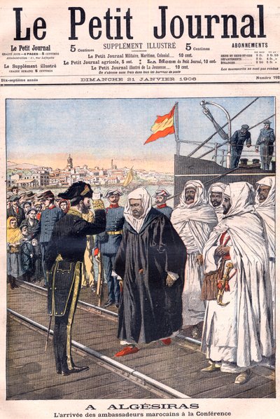 وصول السفراء المغاربة ، بمن فيهم سيدي محمد توريس ، إلى مؤتمر الجزيرة الخضراء ، من Le Petit Journal ، يناير 1906 - عقد المؤتمر الدولي للقوى الأوروبية والولايات المتحدة لمناقشة علاقة فرنسا بالمغرب. بواسطة المدرسة الفرنسية