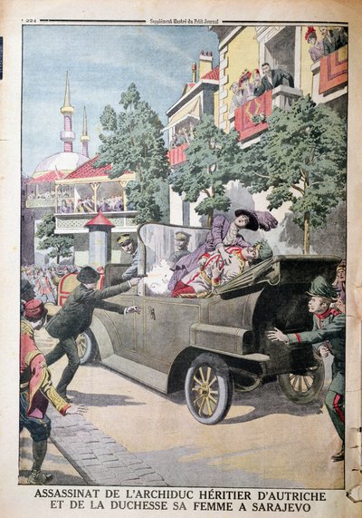اغتيال الأرشيدوق فرانز فرديناند من النمسا (1863-1914) وزوجته دوقة صوفيا ، بواسطة جافريلو برينسيب (1895-1918) في سراييفو ، 28 يونيو 1914 ، من لو بيتي جورنال ، 12 يوليو 1914 (شارك بواسطة المدرسة الفرنسية