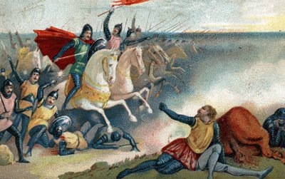معركة هاستينغز في 14/10/1066 بين الساكسونيين في هارولد الثاني والجيش النورماندي (ويليام الأول الفاتح). الطباعة الحجرية الملونة في أواخر القرن التاسع عشر. بواسطة المدرسة الفرنسية