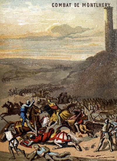 معركة مونتليري (1227): الممالك والإقطاعية - بلانش دي كاستيل ، حاكم ابنه لويس التاسع ماتي ، ثورة الإقطاعي العظيم. الطباعة الحجرية الملونة من سلسلة "" التربية الوطنية من خلال الصورة "". بواسطة المدرسة الفرنسية