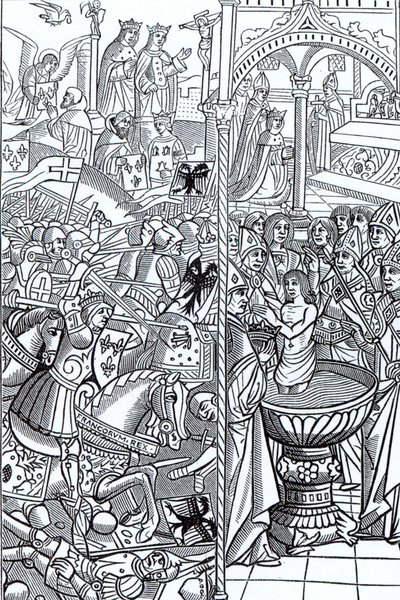 معركة تولبياك ومعمودية الملك كلوفيس ، من "Mirouer Historial de France" ، نُشر عام 1516 بواسطة المدرسة الفرنسية