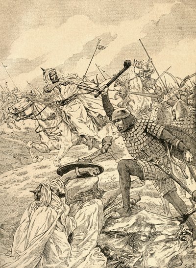 The Battle of Tours المعروف أيضًا باسم The Battle of Poitiers ، 732. من أجندة Buvard du Bon Marche نُشرت عام 1917. بواسطة المدرسة الفرنسية