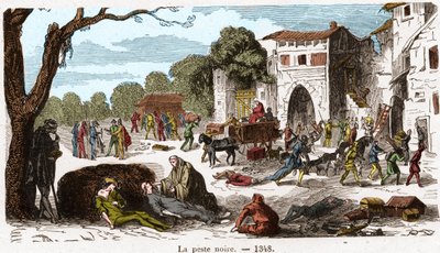 الطاعون الأسود عام 1348. نقش في "Histoire De France En Cent لوحات بواسطة Paul Lehugur" 1891. بواسطة المدرسة الفرنسية