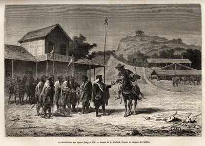 The Blancos, Argentine insurges who hold the province of Entre-Rios (Entre Rios) against the arms of Buenos Aires, dressed in picturesque costumes with white stripes, receive a little tobacco from the narrator, as he tries to pass their line to deliver a l بواسطة المدرسة الفرنسية