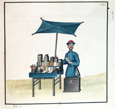 بائع الكتب ، من كتاب في مكالمات شارع بكين ، c.1785 (مرحاض وغواش على ورق) بواسطة المدرسة الفرنسية