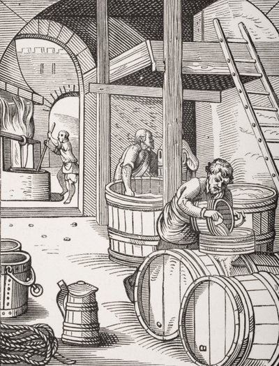The Brewer ، بعد رسم توضيحي من القرن السادس عشر رسمه ونقشه جوست عمان (1539-1591) من "Le Moyen Age et La Renaissance" بواسطة Paul Lacroix (1806-1884) نشر عام 1847 بواسطة المدرسة الفرنسية