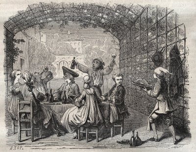 خرطوشة بريجاند لويس دومينيك جارتهاوزن (1693-1721) أثناء تناول وجبة مع رفاقه - العميد الفرنسي لويس دومينيك جارتهاوزن المعروف أيضًا باسم خرطوشة (1693-1721) أثناء تناول وجبات الطعام مع المتواطئين - نقش في "" Causes celebres de tous les peuples " بواسطة المدرسة الفرنسية