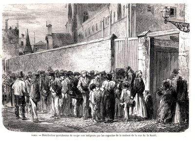 كابوشينس دي لا سانتي يوزع الحساء اليومي على الفقراء ، من لو موند إيلوستري ، 1860 بواسطة المدرسة الفرنسية