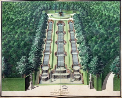 ال Cascade ، تم تغييره في نهاية عام 1706 ، في البستان على التل ، من حدائق Marly ، أوائل القرن الثامن عشر (مرحاض على ورق) بواسطة المدرسة الفرنسية