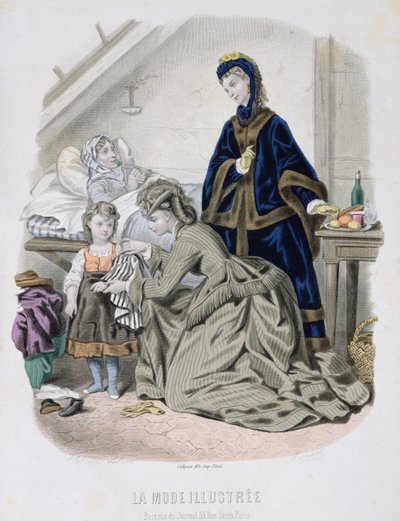 الزيارة الخيرية ، رسم توضيحي من La Mode Illustree ، c.1870 (نقش الألوان) بواسطة المدرسة الفرنسية
