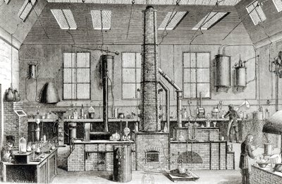 مختبر الكيمياء في مدرسة في باريس ، من Almanach du Magasin Pittoresque ، 1870 بواسطة المدرسة الفرنسية